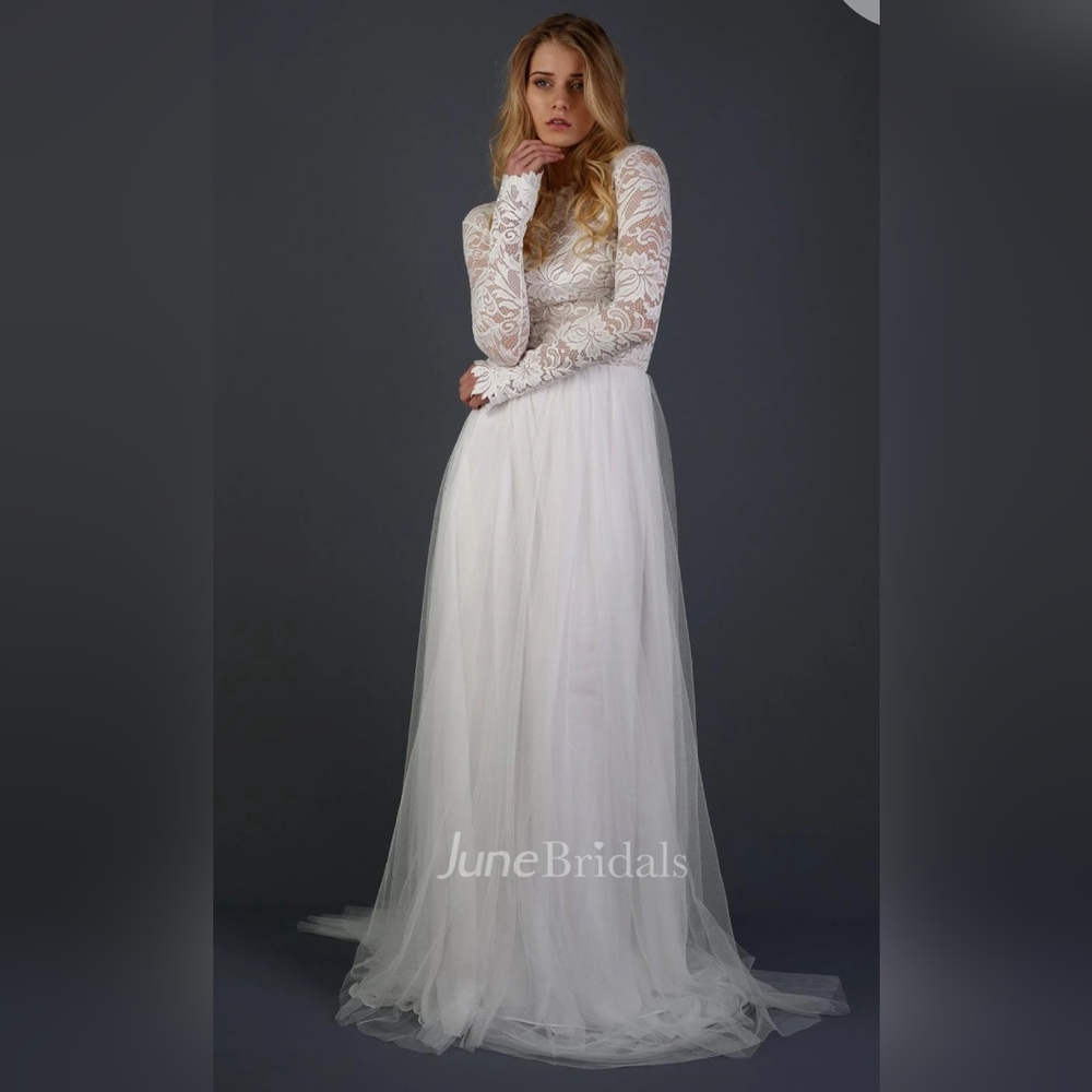 June Bridals White Tulle Lace Long Sleeve Bridal Modest Wedding Dress
